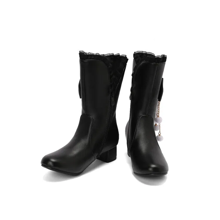 Women's Lace Bows Round Toe Block Heel Mid Calf Boots