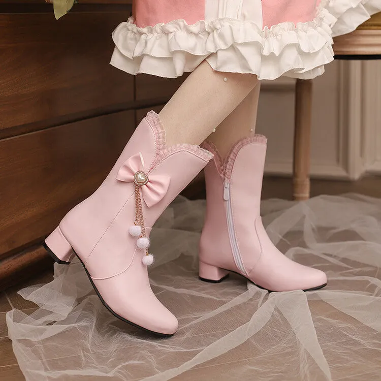 Women's Lace Bows Round Toe Block Heel Mid Calf Boots