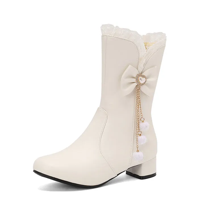 Women's Lace Bows Round Toe Block Heel Mid Calf Boots
