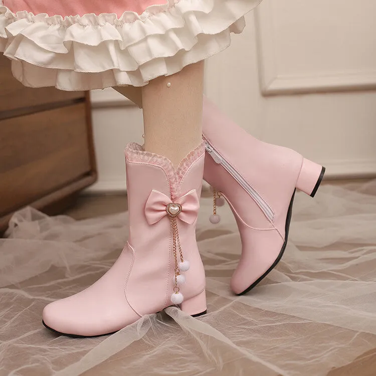 Women's Lace Bows Round Toe Block Heel Mid Calf Boots