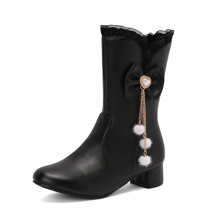 Women's Lace Bows Round Toe Block Heel Mid Calf Boots