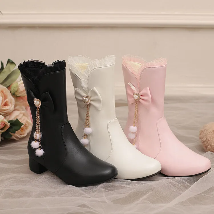 Women's Lace Bows Round Toe Block Heel Mid Calf Boots
