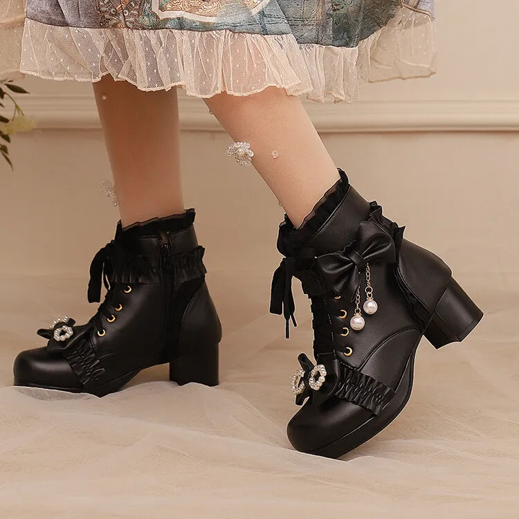 Women's Lace Bows Round Toe Block Heel Platform Short Boots