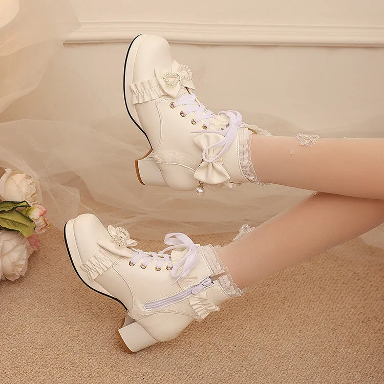 Women's Lace Bows Round Toe Block Heel Platform Short Boots