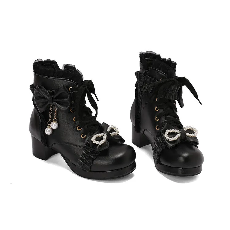 Women's Lace Bows Round Toe Block Heel Platform Short Boots