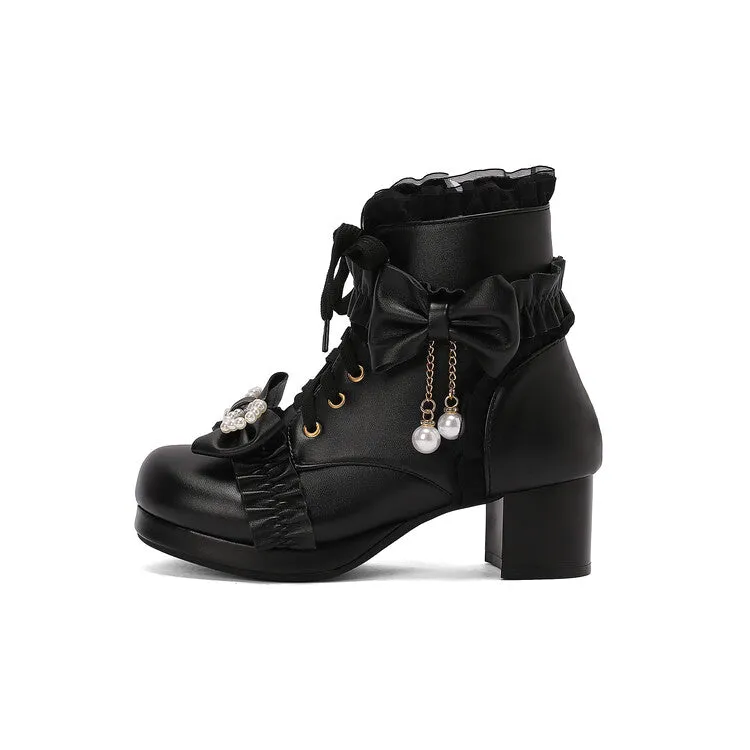 Women's Lace Bows Round Toe Block Heel Platform Short Boots