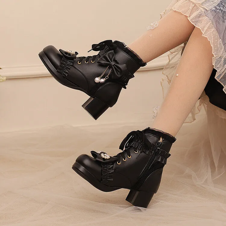 Women's Lace Bows Round Toe Block Heel Platform Short Boots