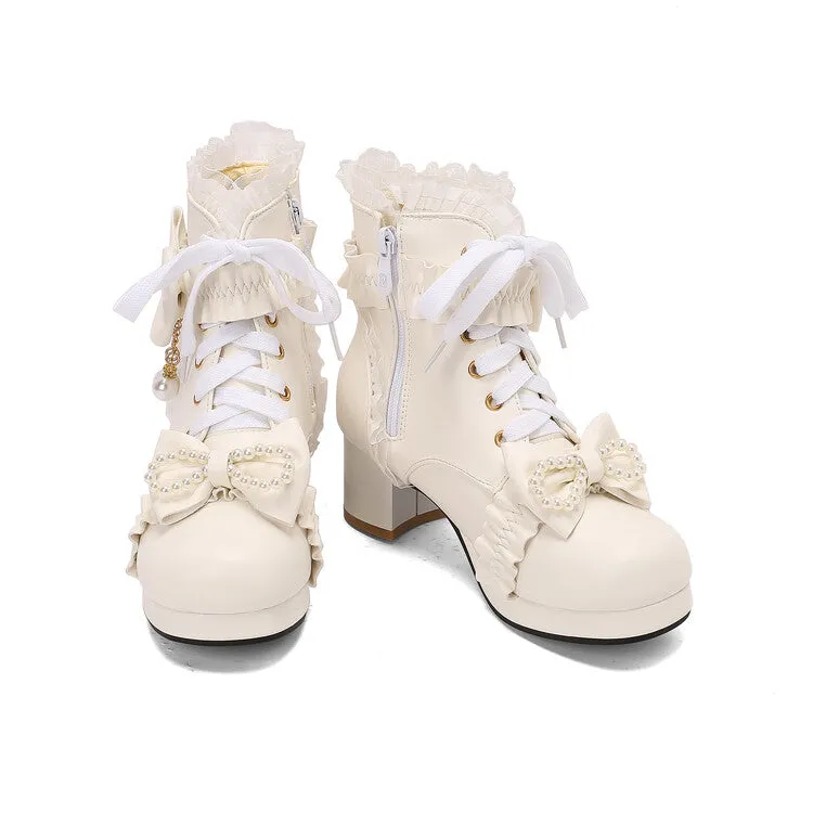 Women's Lace Bows Round Toe Block Heel Platform Short Boots