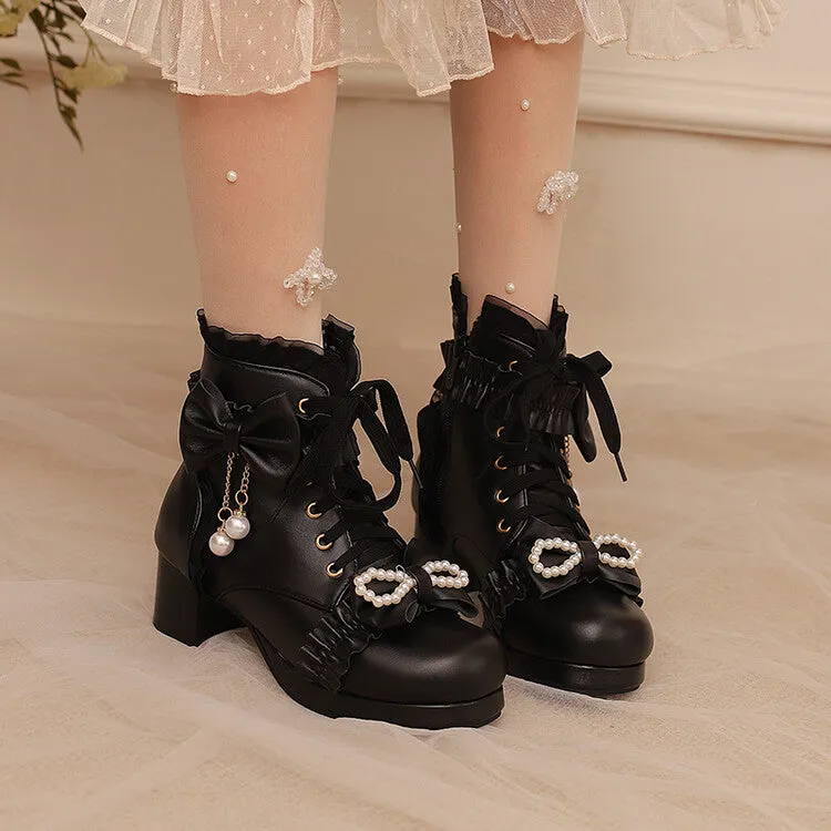 Women's Lace Bows Round Toe Block Heel Platform Short Boots