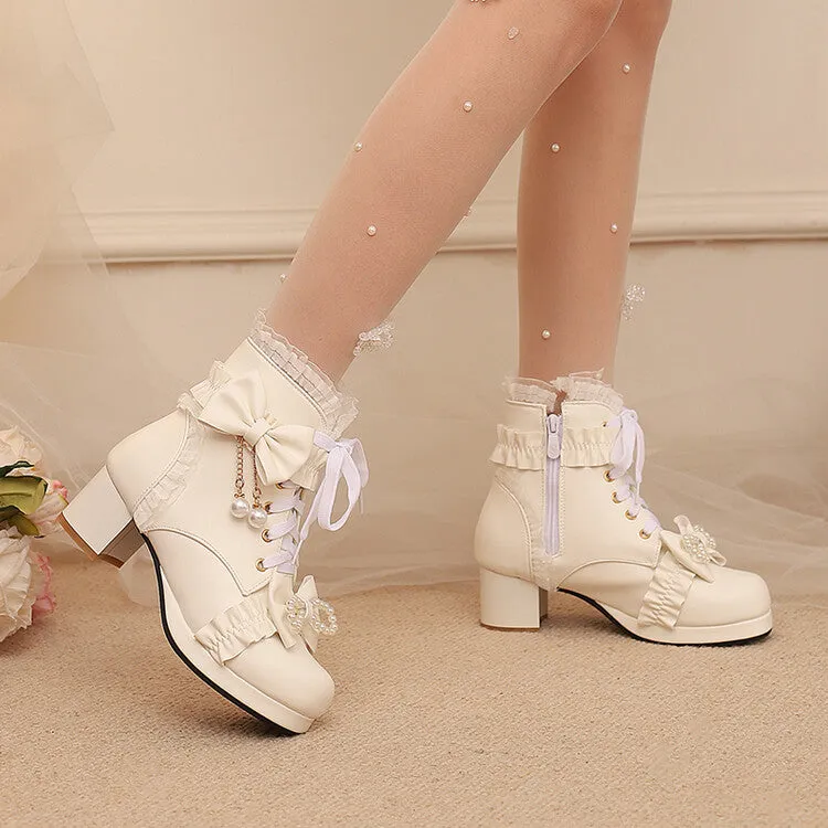 Women's Lace Bows Round Toe Block Heel Platform Short Boots
