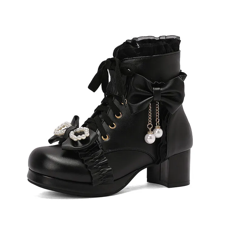 Women's Lace Bows Round Toe Block Heel Platform Short Boots