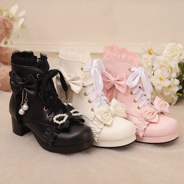 Women's Lace Bows Round Toe Block Heel Platform Short Boots