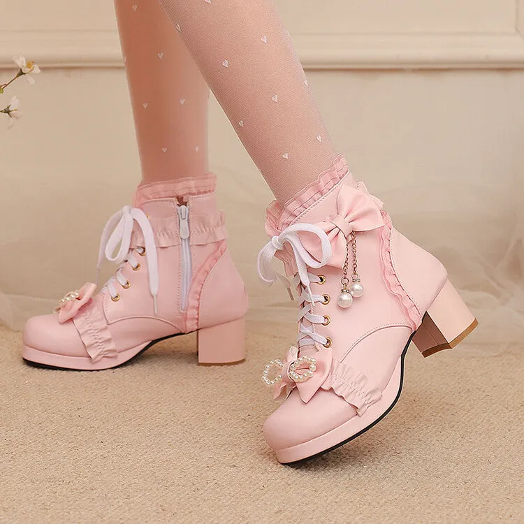 Women's Lace Bows Round Toe Block Heel Platform Short Boots