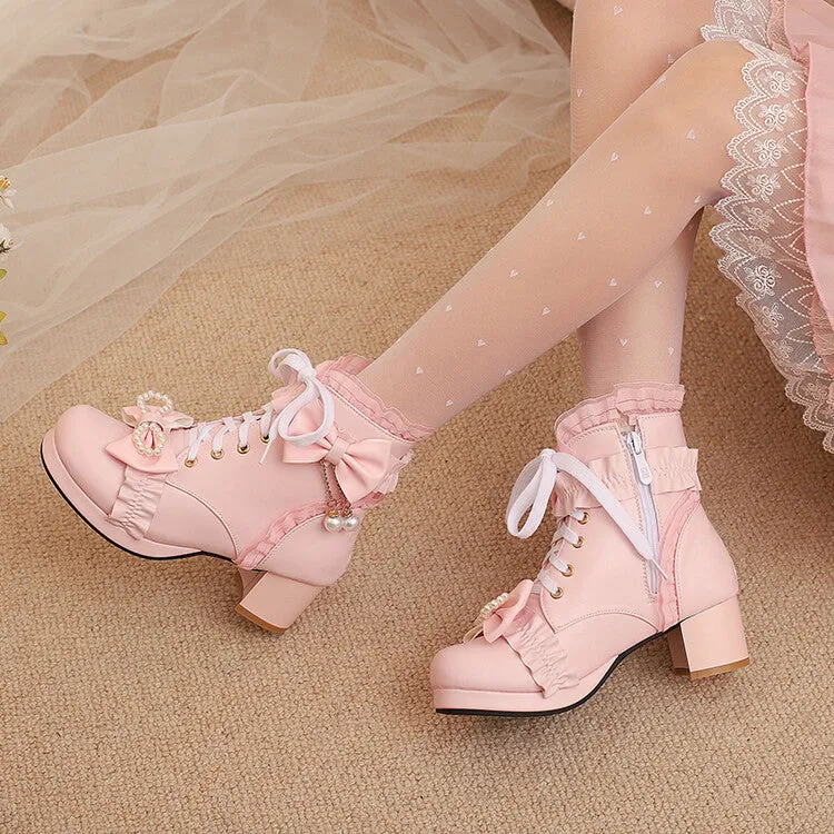 Women's Lace Bows Round Toe Block Heel Platform Short Boots