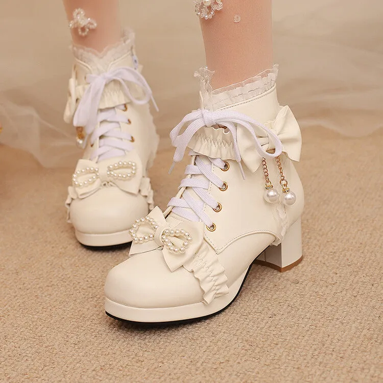 Women's Lace Bows Round Toe Block Heel Platform Short Boots