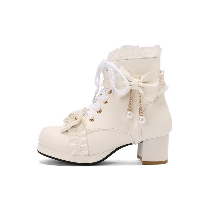 Women's Lace Bows Round Toe Block Heel Platform Short Boots
