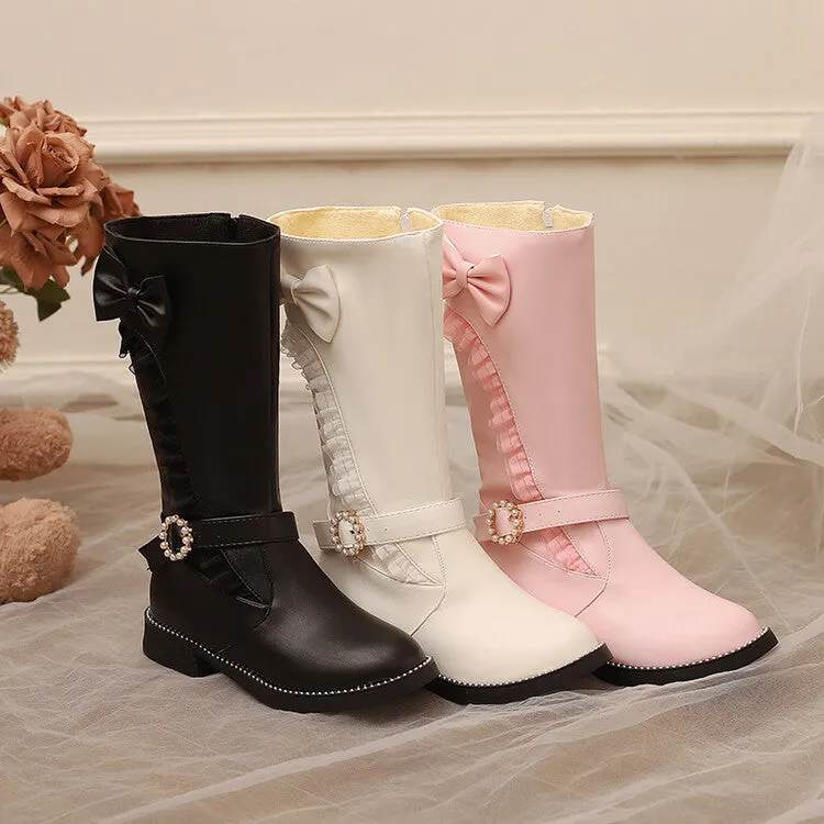 Women's Lace Bows Round Toe Flat Mid Calf Boots