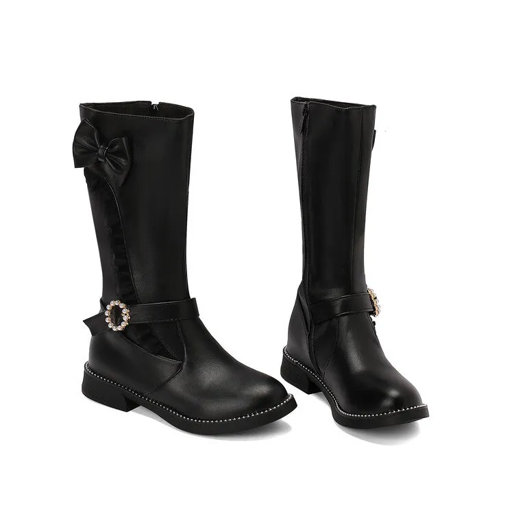 Women's Lace Bows Round Toe Flat Mid Calf Boots