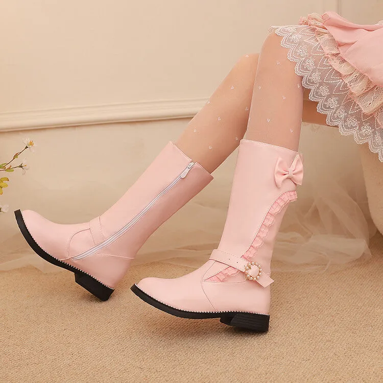 Women's Lace Bows Round Toe Flat Mid Calf Boots