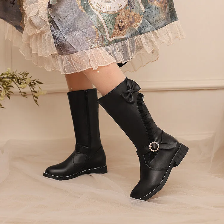 Women's Lace Bows Round Toe Flat Mid Calf Boots