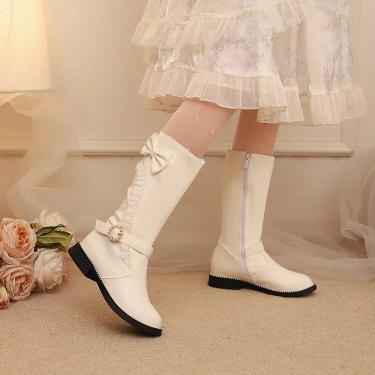 Women's Lace Bows Round Toe Flat Mid Calf Boots