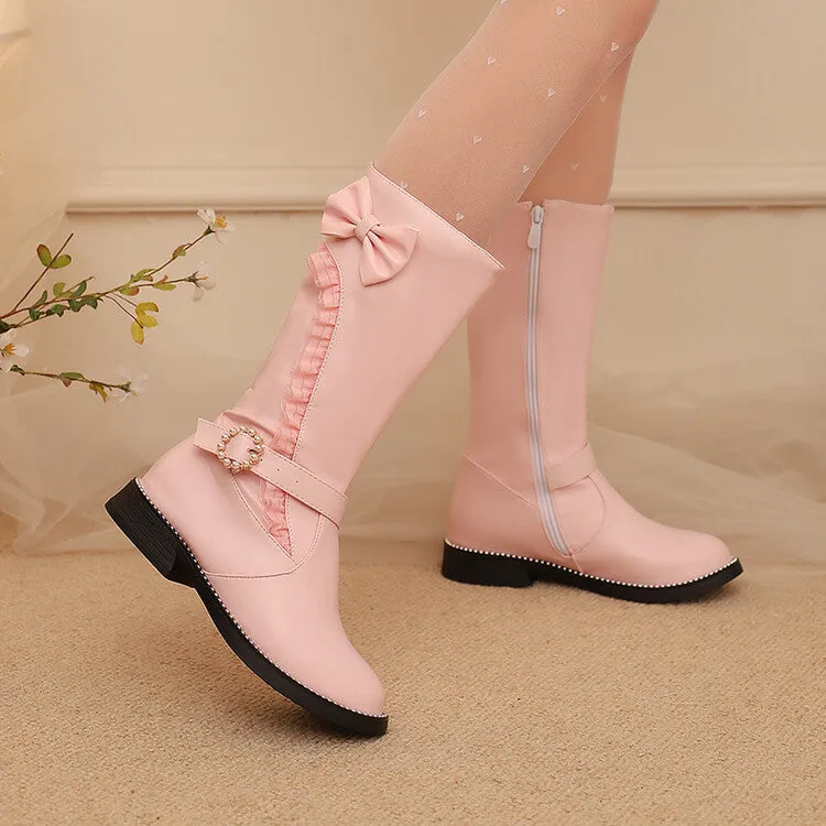 Women's Lace Bows Round Toe Flat Mid Calf Boots