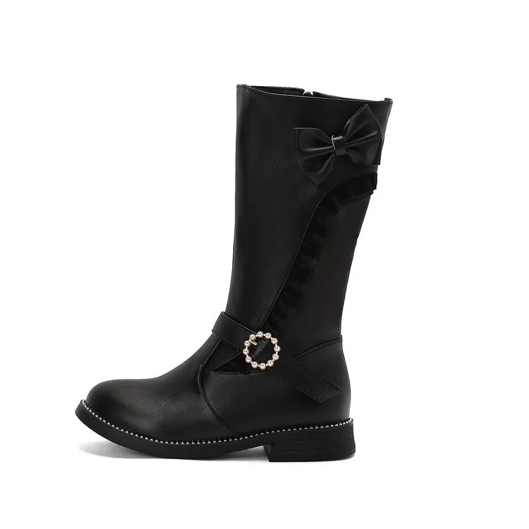 Women's Lace Bows Round Toe Flat Mid Calf Boots