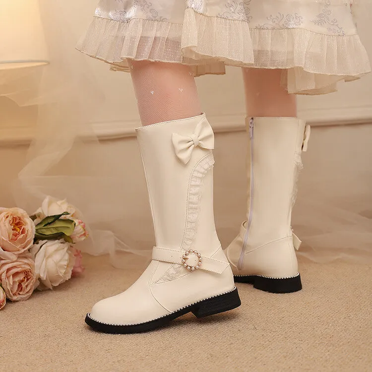 Women's Lace Bows Round Toe Flat Mid Calf Boots