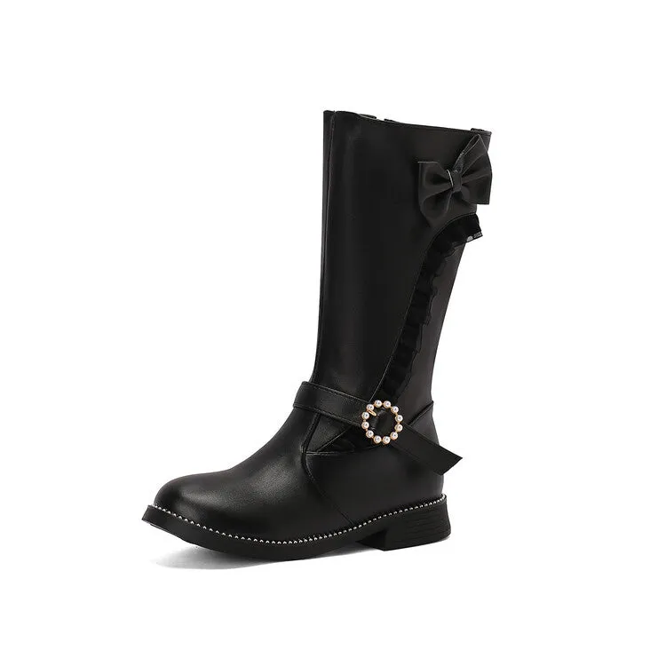 Women's Lace Bows Round Toe Flat Mid Calf Boots