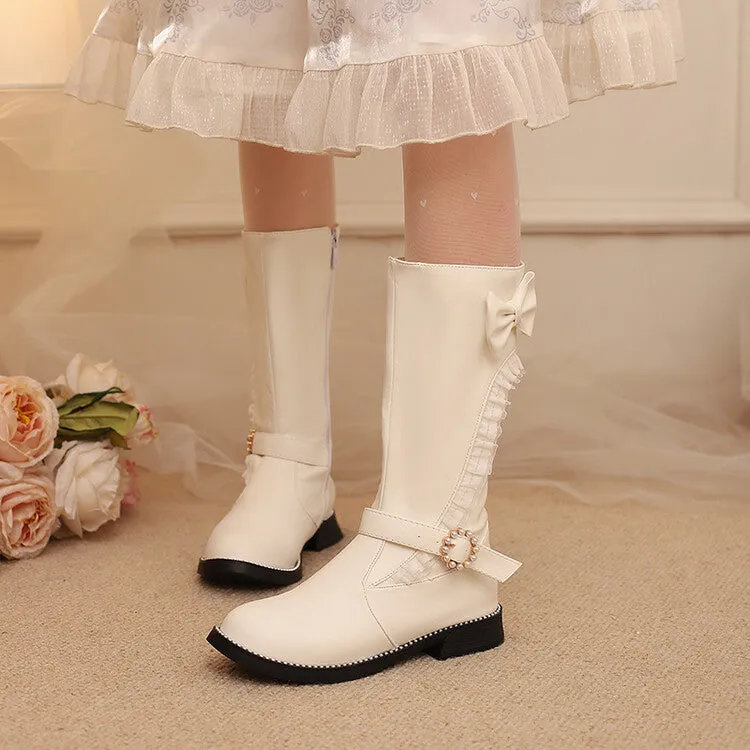 Women's Lace Bows Round Toe Flat Mid Calf Boots