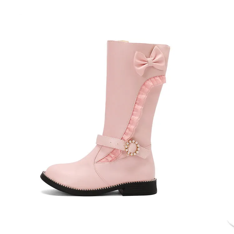 Women's Lace Bows Round Toe Flat Mid Calf Boots