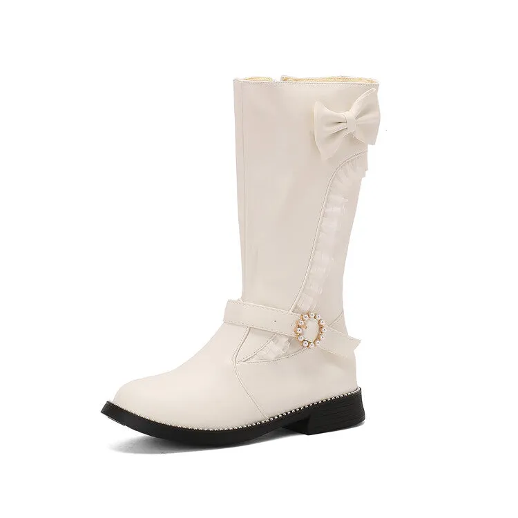 Women's Lace Bows Round Toe Flat Mid Calf Boots