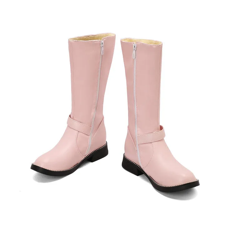 Women's Lace Bows Round Toe Flat Mid Calf Boots