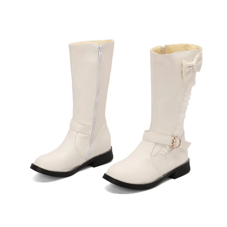 Women's Lace Bows Round Toe Flat Mid Calf Boots