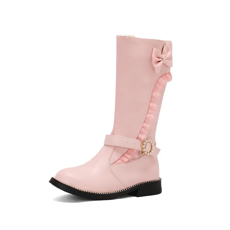 Women's Lace Bows Round Toe Flat Mid Calf Boots