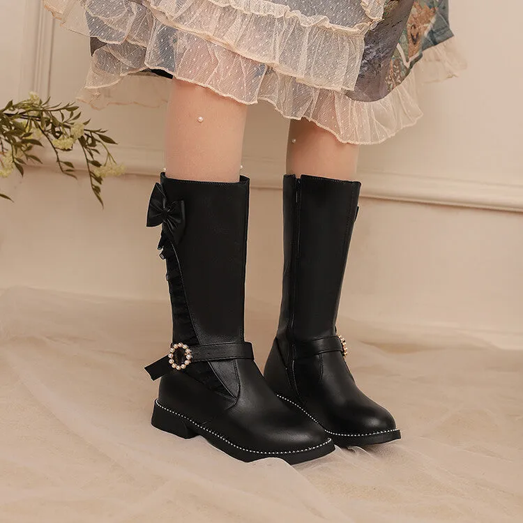 Women's Lace Bows Round Toe Flat Mid Calf Boots