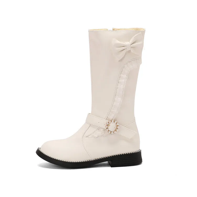 Women's Lace Bows Round Toe Flat Mid Calf Boots