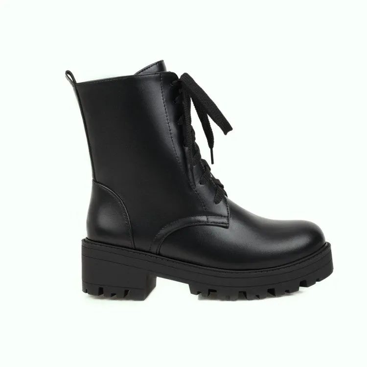 Women's Lace Up Stitch Block Chunky Heel Platform Short Boots