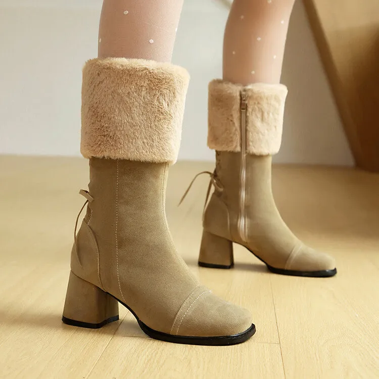 Women's Patchwork Square Toe Block Heel Plush Mid Calf Boots