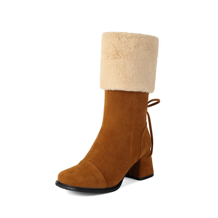 Women's Patchwork Square Toe Block Heel Plush Mid Calf Boots