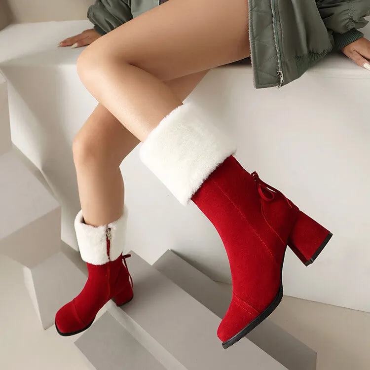Women's Patchwork Square Toe Block Heel Plush Mid Calf Boots
