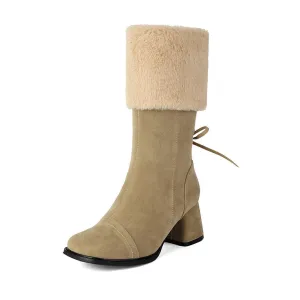 Women's Patchwork Square Toe Block Heel Plush Mid Calf Boots