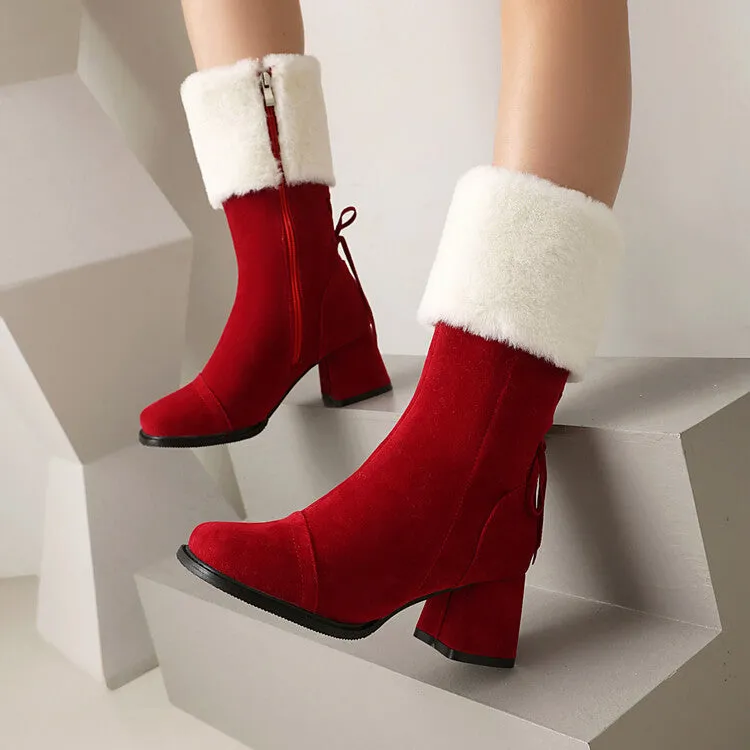 Women's Patchwork Square Toe Block Heel Plush Mid Calf Boots