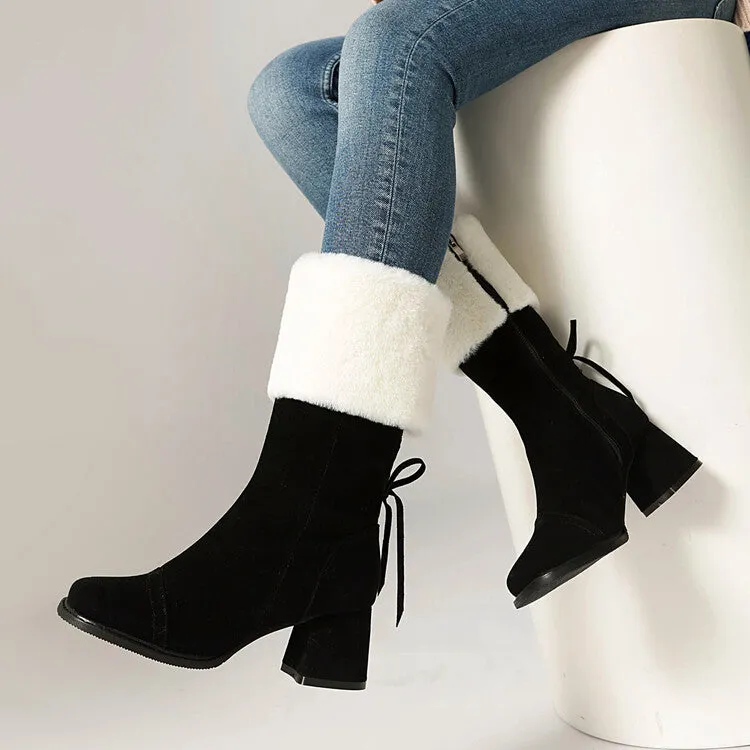 Women's Patchwork Square Toe Block Heel Plush Mid Calf Boots