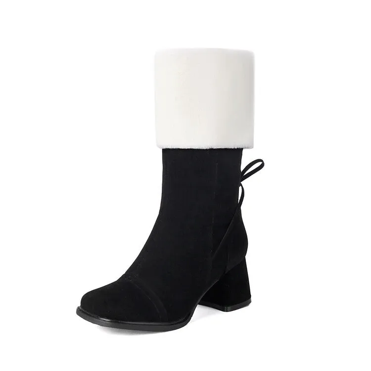 Women's Patchwork Square Toe Block Heel Plush Mid Calf Boots