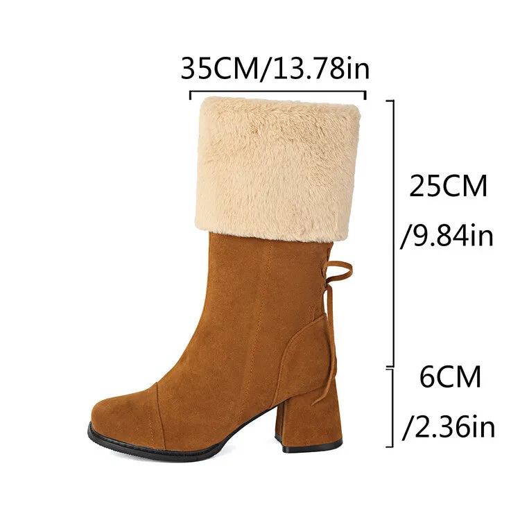 Women's Patchwork Square Toe Block Heel Plush Mid Calf Boots