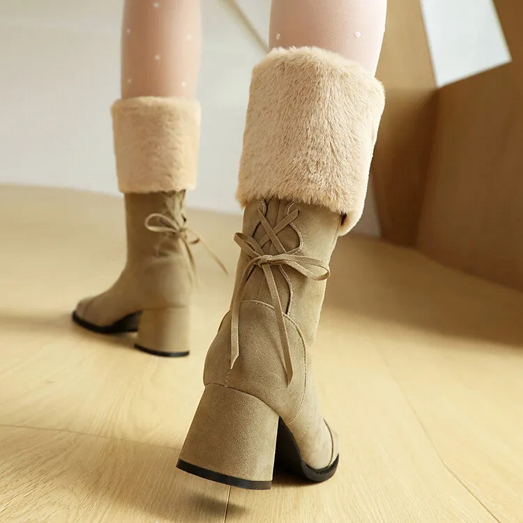 Women's Patchwork Square Toe Block Heel Plush Mid Calf Boots
