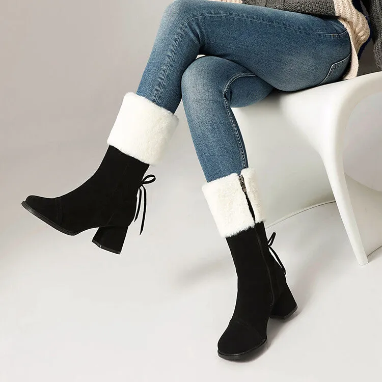 Women's Patchwork Square Toe Block Heel Plush Mid Calf Boots