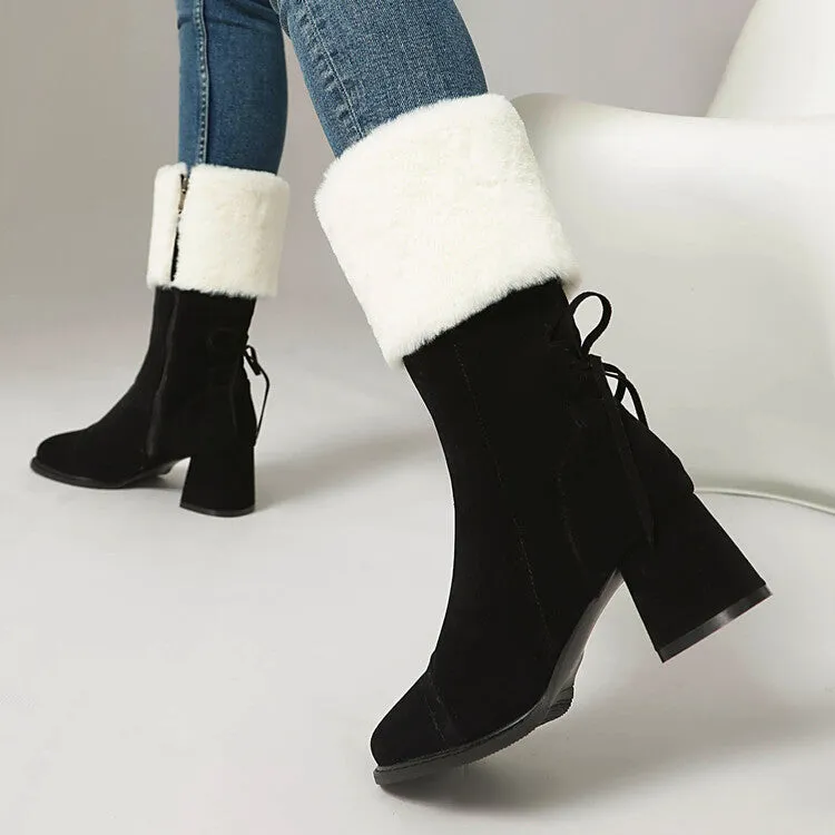 Women's Patchwork Square Toe Block Heel Plush Mid Calf Boots