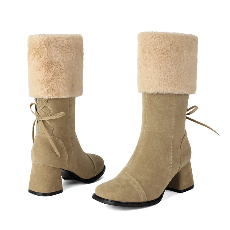 Women's Patchwork Square Toe Block Heel Plush Mid Calf Boots